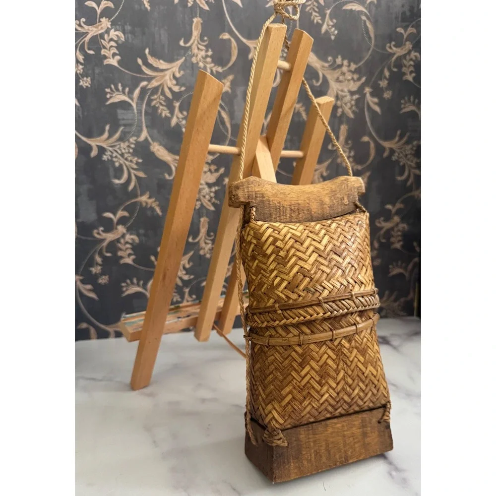Vintage Woven Bamboo Basket |Southeast Asian Fishing Creel Rustic Folk Art Decor